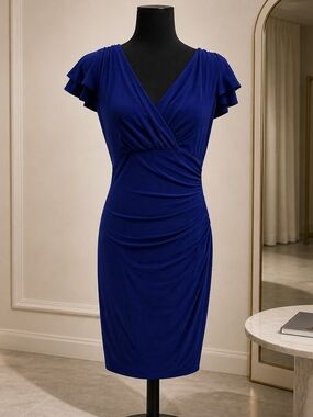 Ralph Lauren Dress Size 6 Blue Faux Wrap Cocktail Rouched Stretch Short Sleeve
